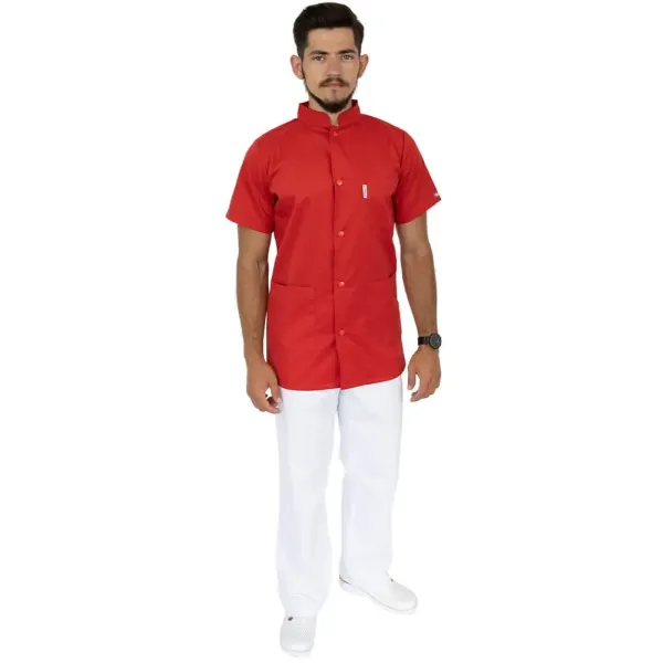 Bluza barbati cu guler tunica, maneca scurta, Lotus 2, rosu