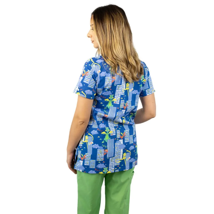 Bluza medicala imprimata Lotus 1, cu buzunar, Dino City - imagine 2