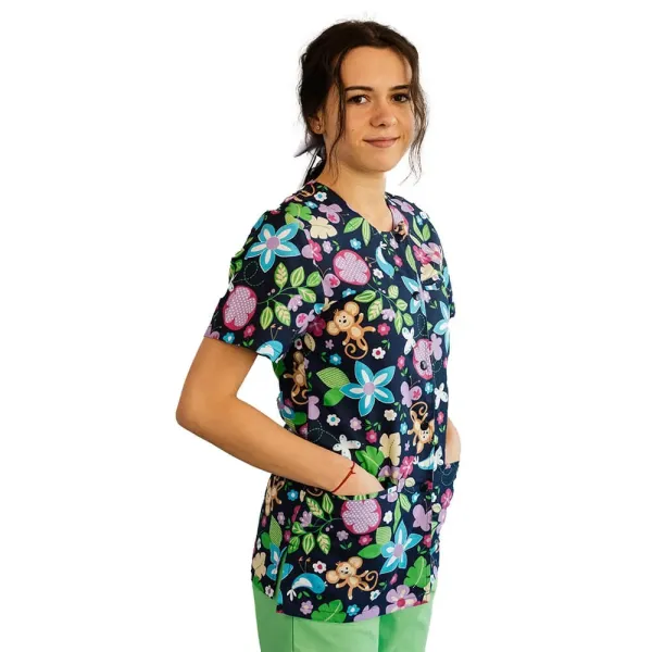 Bluza imprimata asimetrica, cu capse, Lotus 1, Monkey Flower