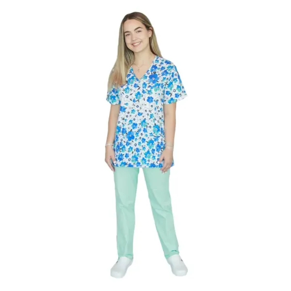 Bluza medicala imprimata, bumbac si elastan, guler asimetric, Spring