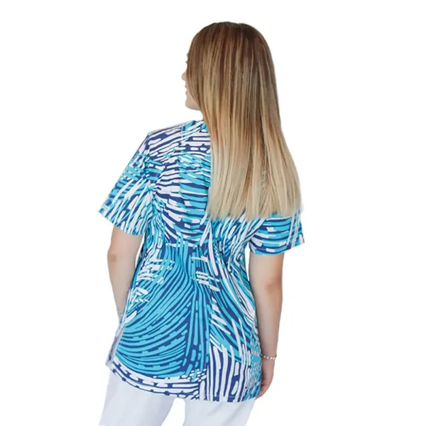 Bluza medicala imprimata, bumbac si elastan, guler asimetric, Straight Motion