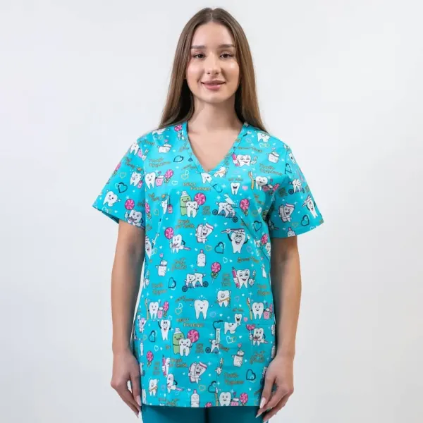 Bluza medicala imprimata Lotus 1, guler asimetric, Twice a day