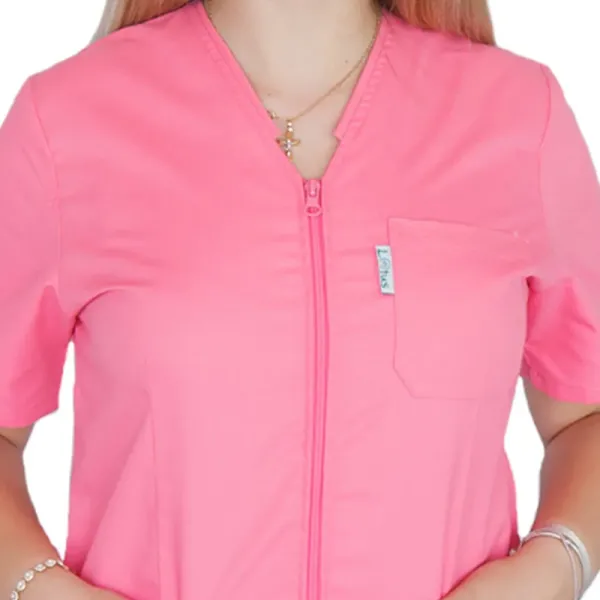 Bluza in V cu fermoar si maneca scurta, Lotus 2, roz prafuit