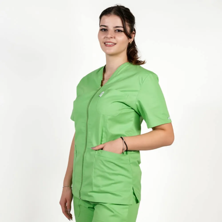 Bluza in V cu fermoar si maneca scurta, Lotus 2, verde island - imagine 3