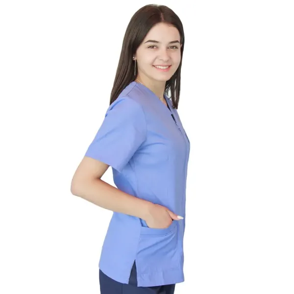 Bluza in V cu fermoar si maneca scurta, Lotus 2, albastru ciel
