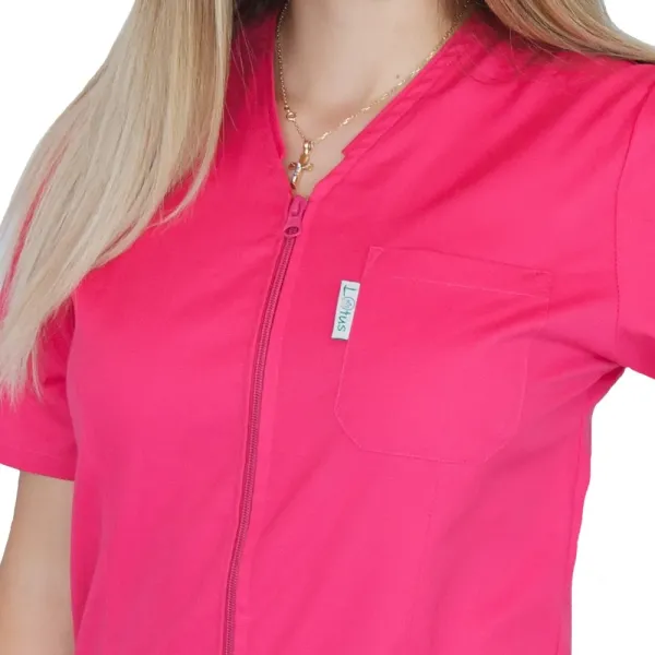 Bluza in V cu fermoar si maneca scurta, Lotus 2, fucsia