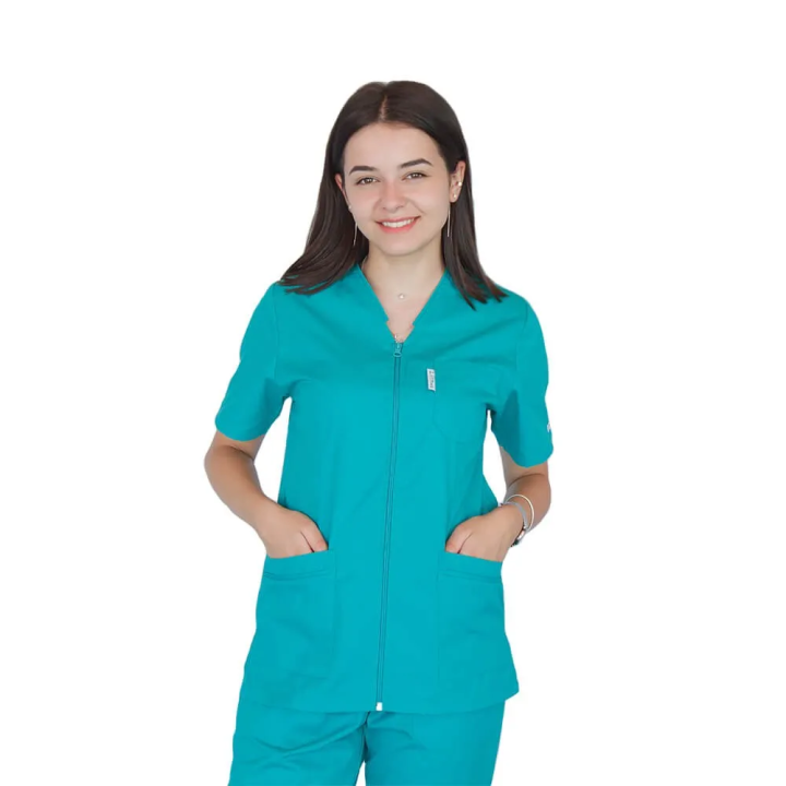 Bluza in V cu fermoar si maneca scurta, Lotus 3, BBC, verde chirurgical - imagine 2