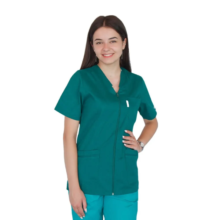 Bluza in V cu fermoar si maneca scurta, Lotus 1, verde hunter - imagine 1