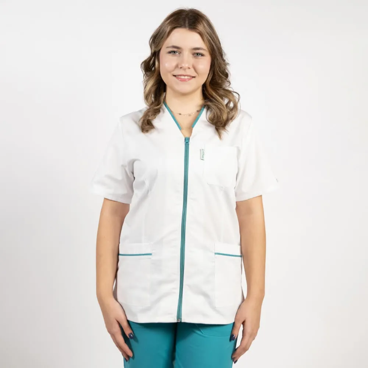 Bluza in V cu fermoar, maneca scurta si paspol turcoaz, Lotus 2, alb - imagine 2