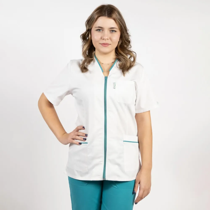Bluza in V cu fermoar, maneca scurta si paspol turcoaz, Lotus 2, alb - imagine 3