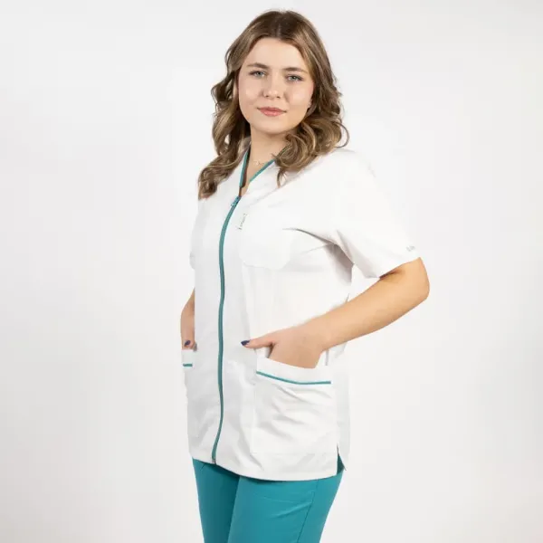 Bluza in V cu fermoar, maneca scurta si paspol turcoaz, Lotus 2, alb