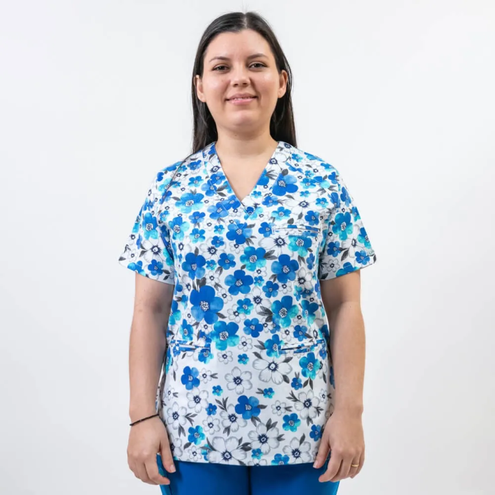 Bluza medicala imprimata Lotus 1, guler in V, Spring - imagine 2