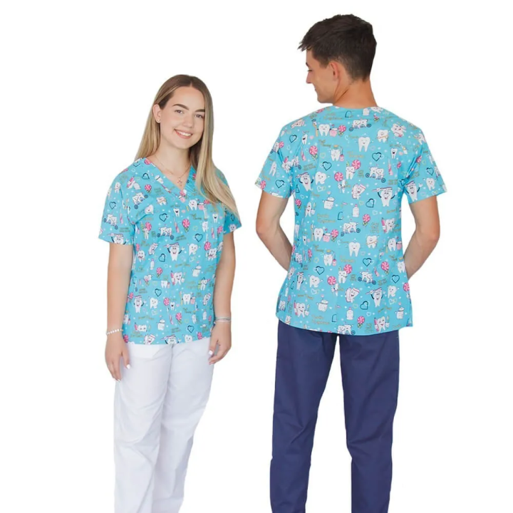 Bluza medicala imprimata, bumbac si elastan, guler in V, Twice a day - imagine 3