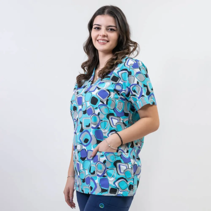 Bluza medicala imprimata Lotus 1, guler in V, Geometry Fun - imagine 2