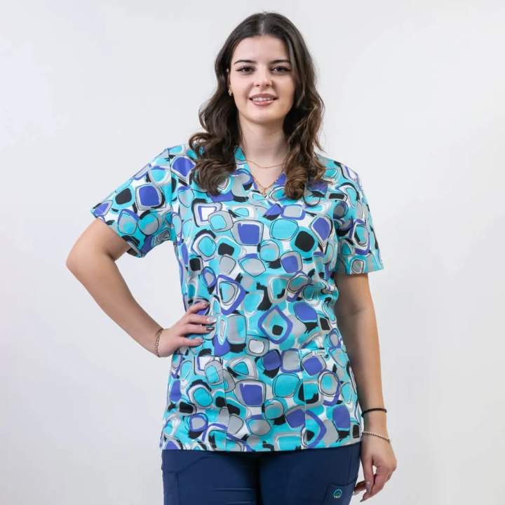 Bluza medicala imprimata Lotus 1, guler in V, Geometry Fun - imagine 3