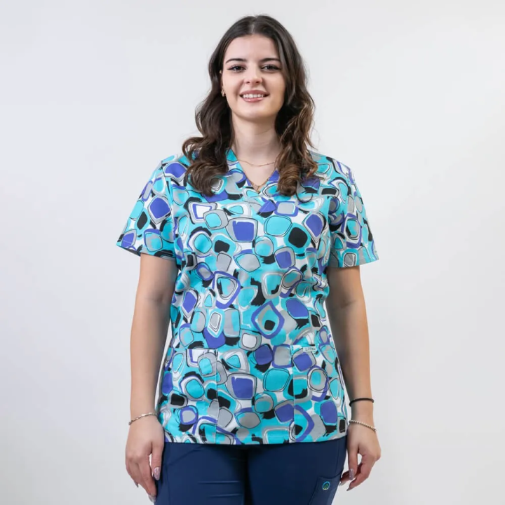 Bluza medicala imprimata Lotus 1, guler in V, Geometry Fun - imagine 4