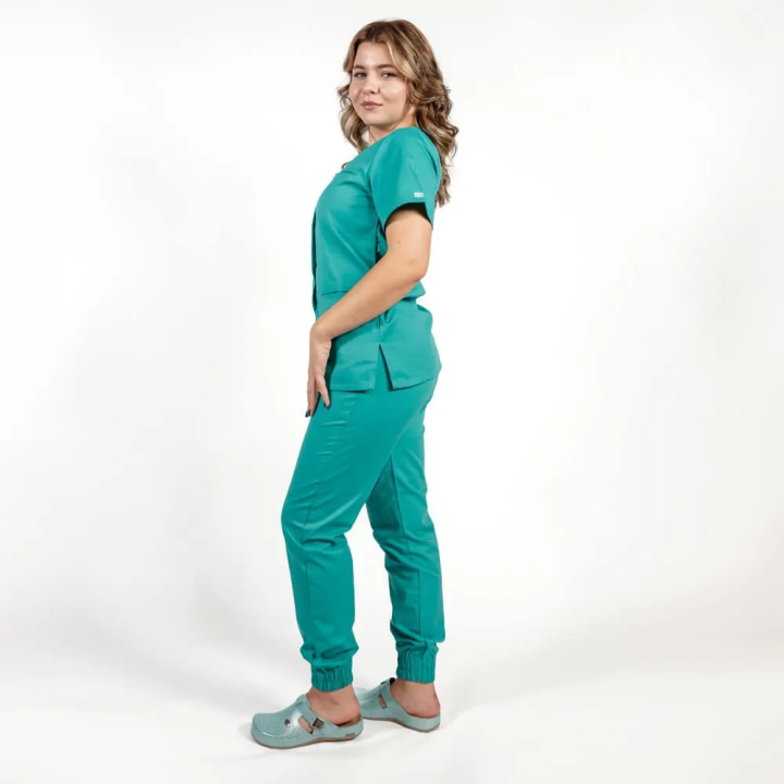 Costum Lotus 2, bluza asimetrica cu capse, pantaloni cu elastic in talie si manseta, turcoaz - imagine 4