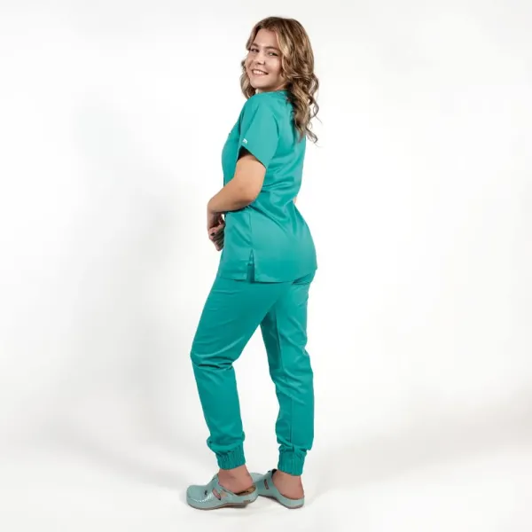 Costum Lotus 2, bluza asimetrica cu capse, pantaloni cu elastic in talie si manseta, turcoaz