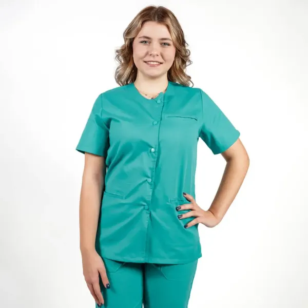 Costum Lotus 2, bluza asimetrica cu capse, pantaloni cu elastic in talie si manseta, turcoaz