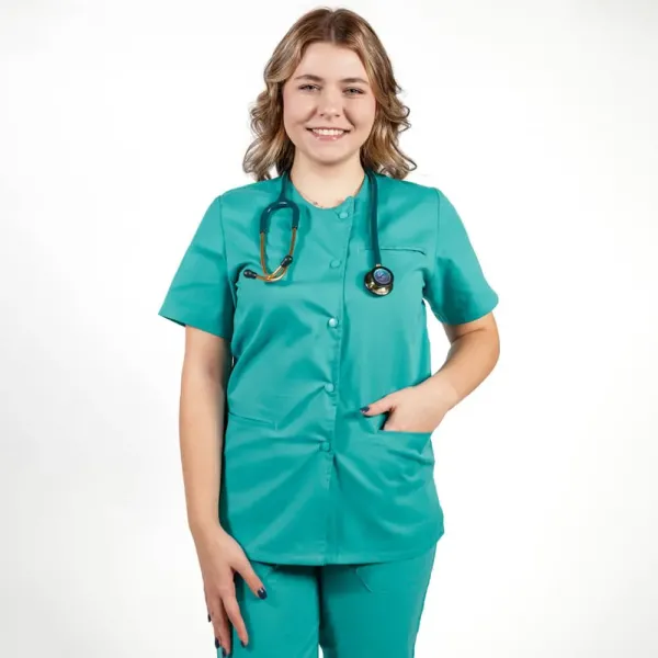 Costum Lotus 2, bluza asimetrica cu capse, pantaloni cu elastic in talie si manseta, turcoaz