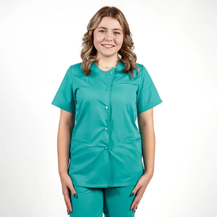 Costum Lotus 2, bluza asimetrica cu capse, pantaloni cu elastic in talie si manseta, turcoaz - imagine 8