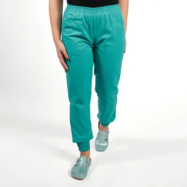 Costum Lotus 2, bluza asimetrica cu capse, pantaloni cu elastic in talie si manseta, turcoaz