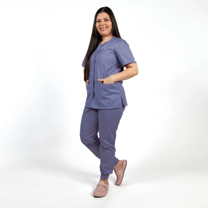 Costum Lotus 2, bluza asimetrica cu capse, pantaloni cu elastic in talie si manseta, indigo - imagine 2