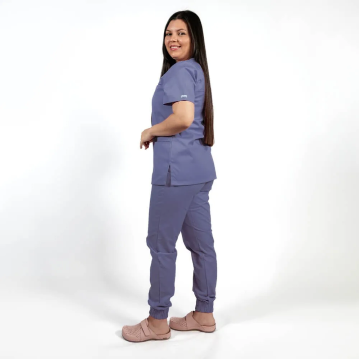 Costum Lotus 2, bluza asimetrica cu capse, pantaloni cu elastic in talie si manseta, indigo - imagine 3