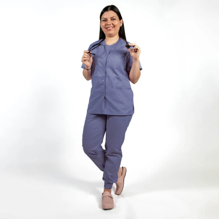 Costum Lotus 2, bluza asimetrica cu capse, pantaloni cu elastic in talie si manseta, indigo - imagine 5