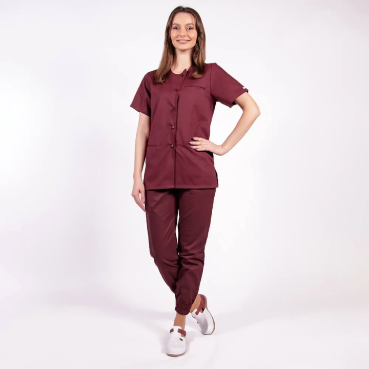 Costum Lotus 2, bluza asimetrica cu capse, pantaloni cu elastic in talie si manseta, visiniu - imagine 1