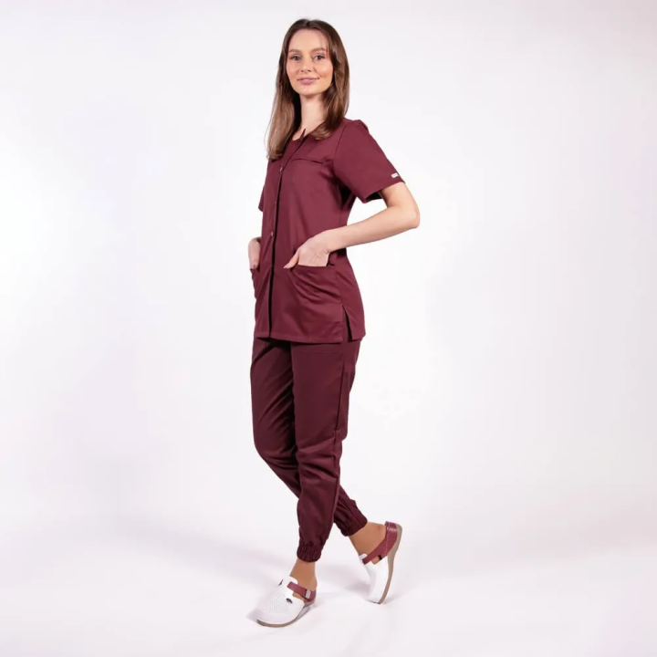 Costum Lotus 2, bluza asimetrica cu capse, pantaloni cu elastic in talie si manseta, visiniu - imagine 2