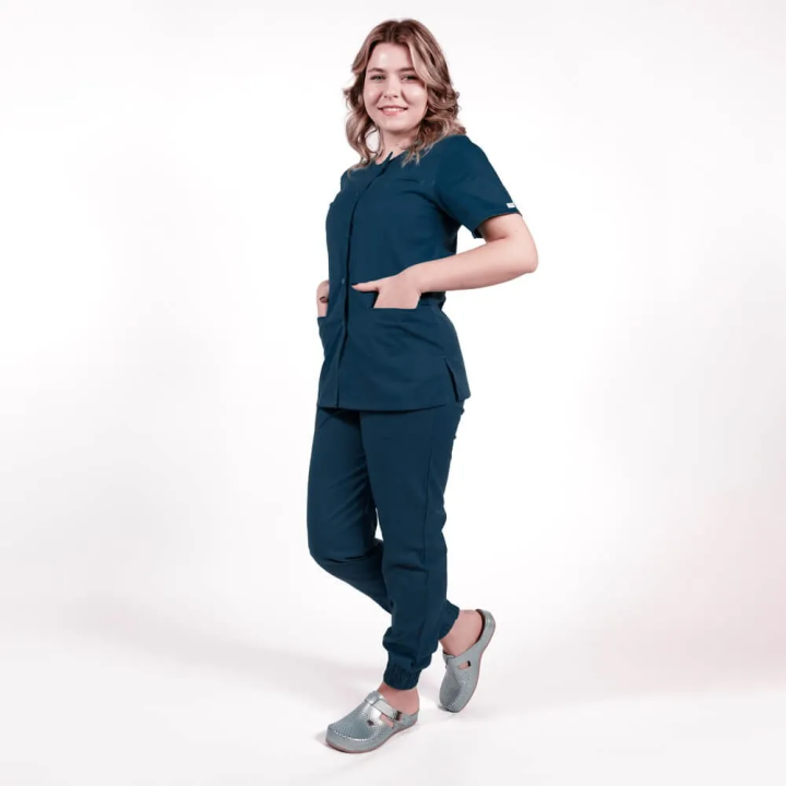 Costum Lotus 2, bluza asimetrica cu capse, pantaloni cu elastic in talie si manseta, bleumarin - imagine 2