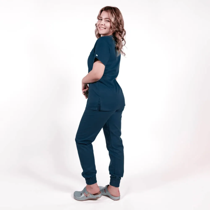 Costum Lotus 2, bluza asimetrica cu capse, pantaloni cu elastic in talie si manseta, bleumarin - imagine 3