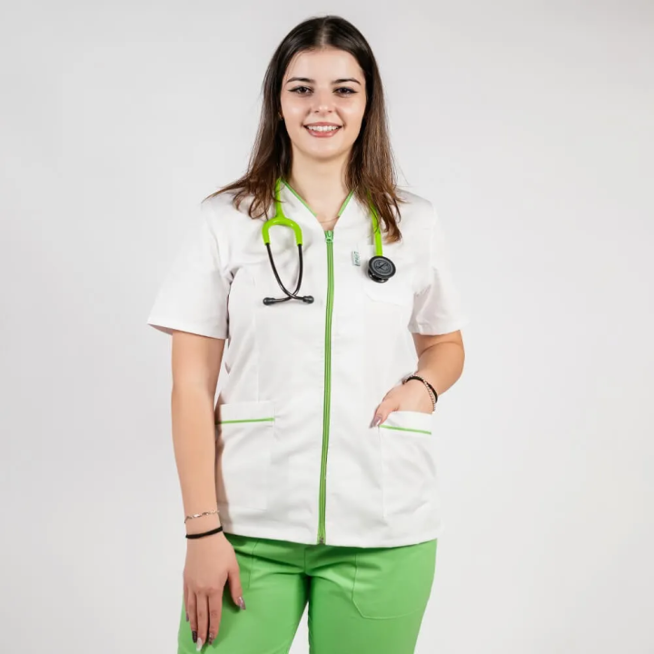 Costum Lotus 2, bluza cu fermoar si paspol, pantaloni cu elastic si manseta, alb/verde island - imagine 5