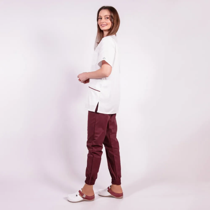 Costum Lotus 2, bluza cu fermoar si paspol, pantaloni cu elastic si manseta, alb/visiniu - imagine 3
