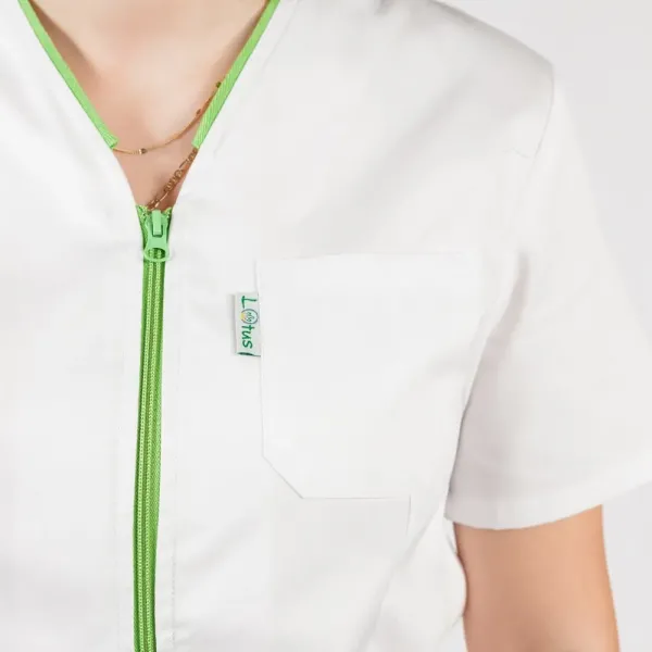 Bluza in V cu fermoar, maneca scurta si paspol verde island, Lotus 2, alb