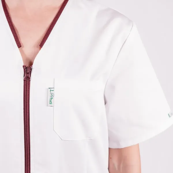 Bluza in V cu fermoar, maneca scurta si paspol visiniu, Lotus 2, alb