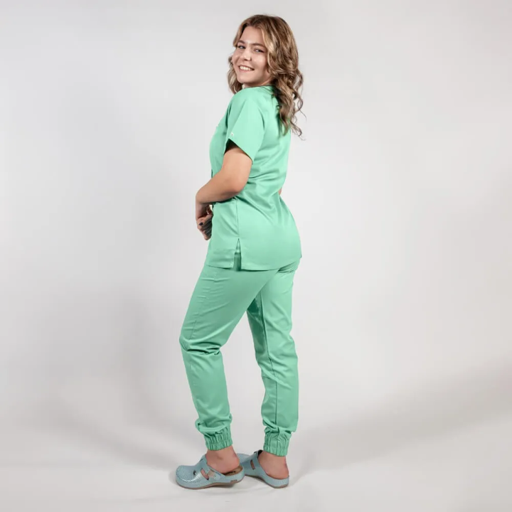 Costum Lotus 2, bluza asimetrica cu capse, pantaloni cu elastic in talie si manseta, verde menta - imagine 3