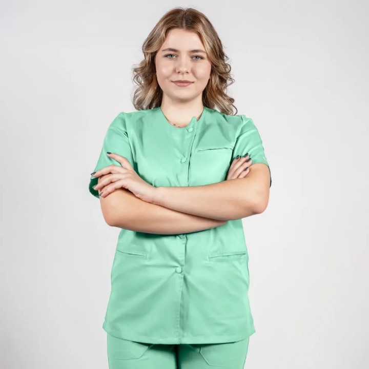 Costum Lotus 2, bluza asimetrica cu capse, pantaloni cu elastic in talie si manseta, verde menta - imagine 7