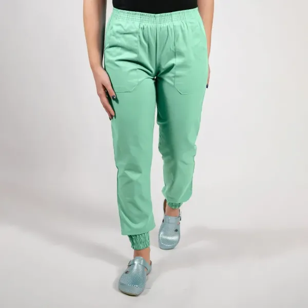 Costum Lotus 2, bluza asimetrica cu capse, pantaloni cu elastic in talie si manseta, verde menta