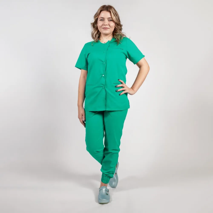 Costum Lotus 2, bluza asimetrica cu capse, pantaloni cu elastic in talie si manseta, verde chirurgical - imagine 1