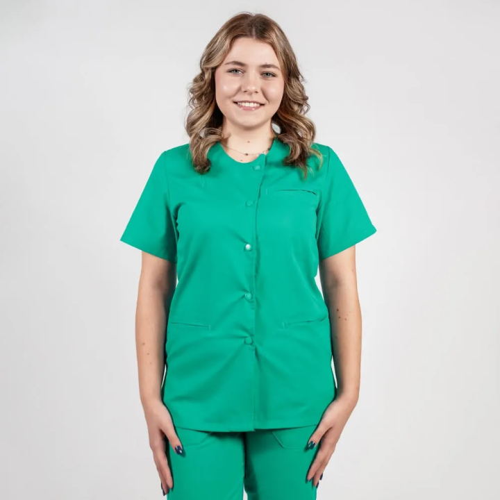 Costum Lotus 2, bluza asimetrica cu capse, pantaloni cu elastic in talie si manseta, verde chirurgical - imagine 4