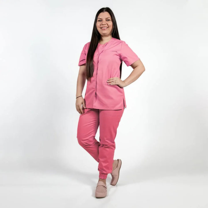 Costum Lotus 2, bluza asimetrica cu capse, pantaloni cu elastic in talie si manseta, roz prafuit - imagine 1