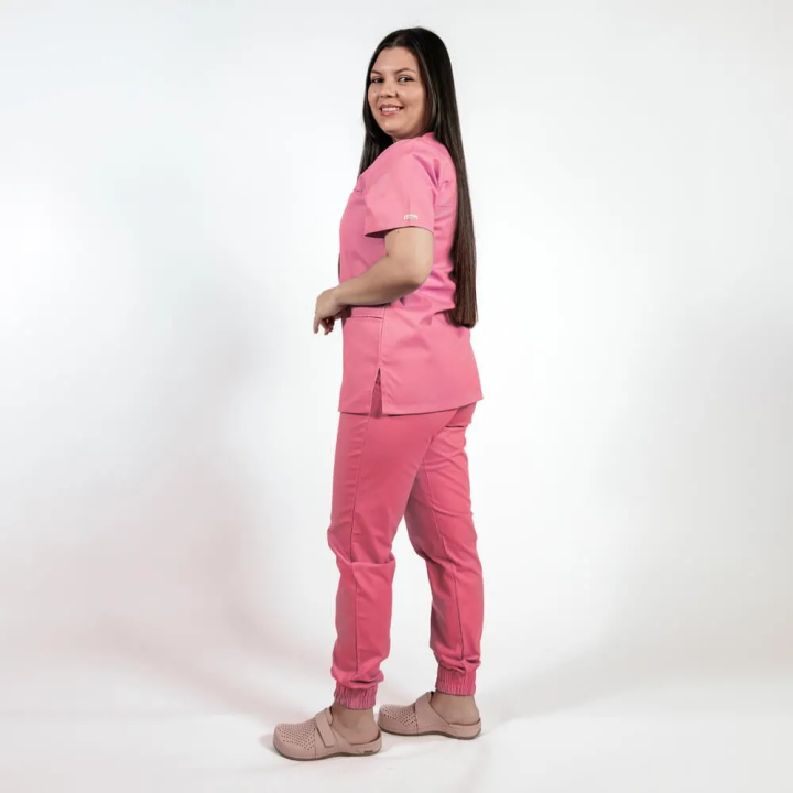 Costum Lotus 2, bluza asimetrica cu capse, pantaloni cu elastic in talie si manseta, roz prafuit - imagine 3