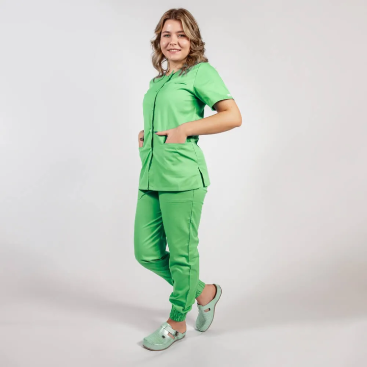 Costum Lotus 2, bluza asimetrica cu capse, pantaloni cu elastic in talie si manseta, verde island - imagine 2