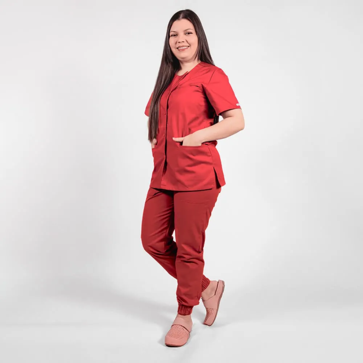 Costum Lotus 2, bluza asimetrica cu capse, pantaloni cu elastic in talie si manseta, rosu - imagine 2