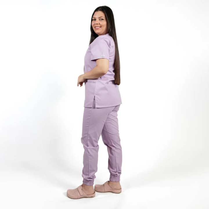 Costum Lotus 2, bluza asimetrica cu capse, pantaloni cu elastic in talie si manseta, lila - imagine 2