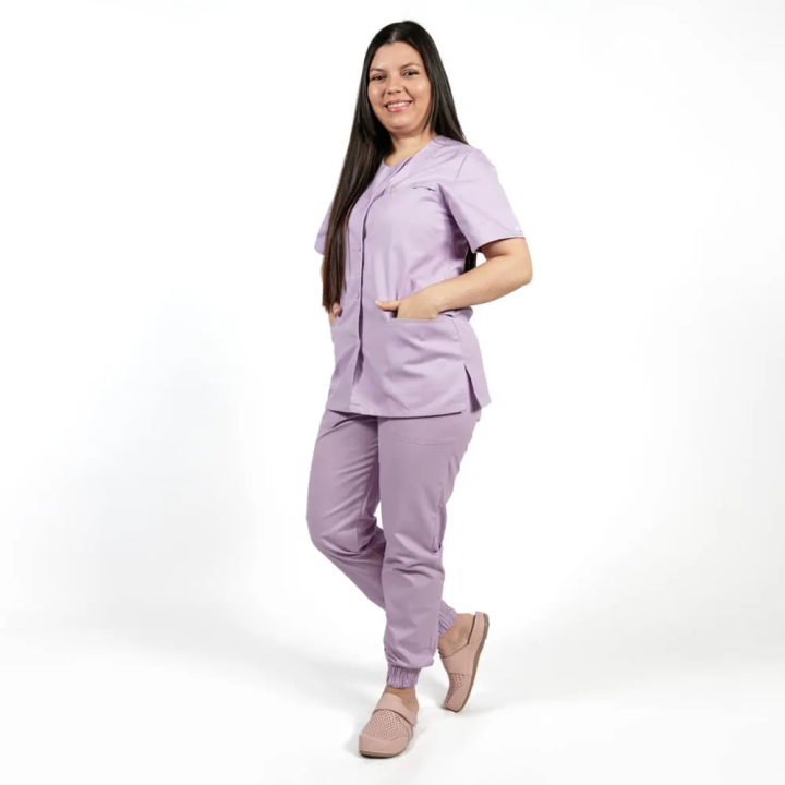 Costum Lotus 2, bluza asimetrica cu capse, pantaloni cu elastic in talie si manseta, lila - imagine 3