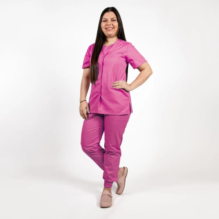 Costum Lotus 2, bluza asimetrica cu capse, pantaloni cu elastic in talie si manseta, fucsia - imagine 1