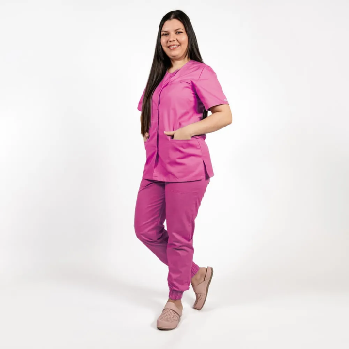 Costum Lotus 2, bluza asimetrica cu capse, pantaloni cu elastic in talie si manseta, fucsia - imagine 2